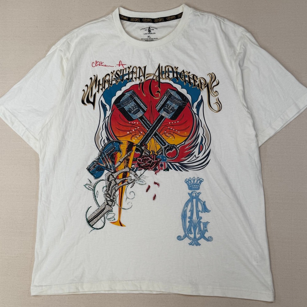 Christian Audigier Mens XL Cream Graphic T-Shirt Rhinestone Piston Y2K Shirt